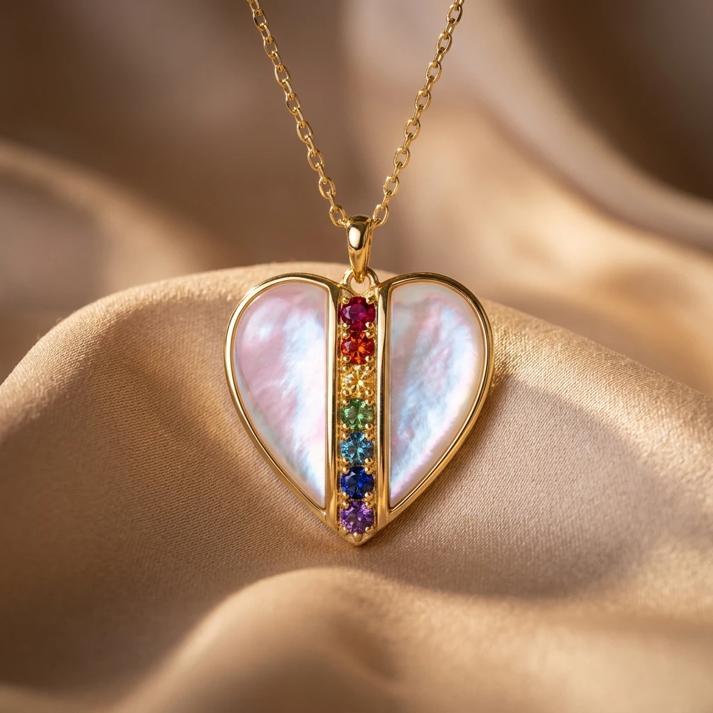 Hjerteformet MyPride-anheng på champagnefarget tekstil.