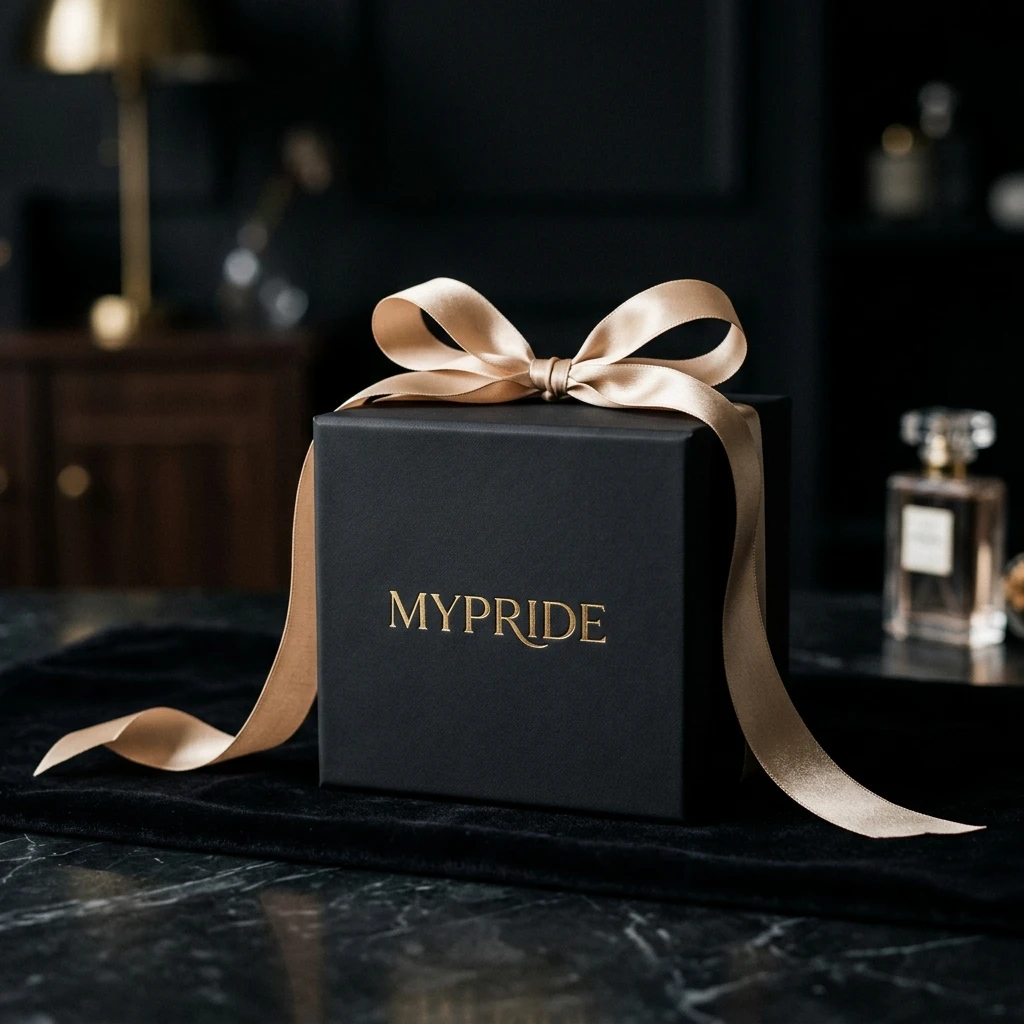 Sort smykkeeske med MyPride-logo.