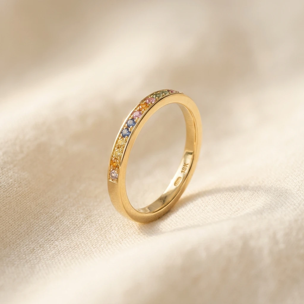 Ring med varme metalltoner og fargedetaljer.